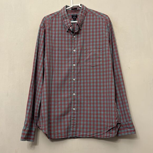 J Crew flex washed classic fit blue pink checkered button down shirt Size XL - Picture 2 of 10